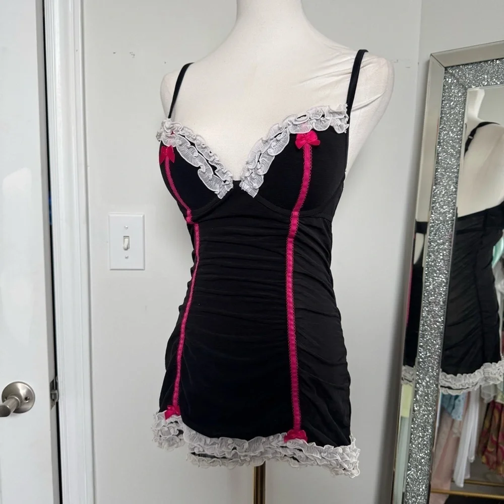La SENZA y2k Black and Pink Chemise with Lace Trim coquette corset slip dress S - Picture 3 of 7